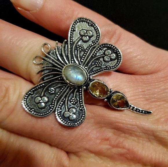 New Rainbow Moonstone & Citrine 925 Silver Dragonfly Ring. - Picture 5 of 12